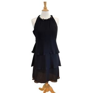 Ellen Tracy Black Silk Chiffon Tiered Cocktail Dress, Beaded Neckline, Glam, M